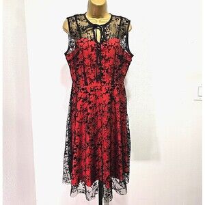 NWT Lace Dress Sz Med Red Black Sheer Dark Fairy Romantic Goth Vampy Siren Prom